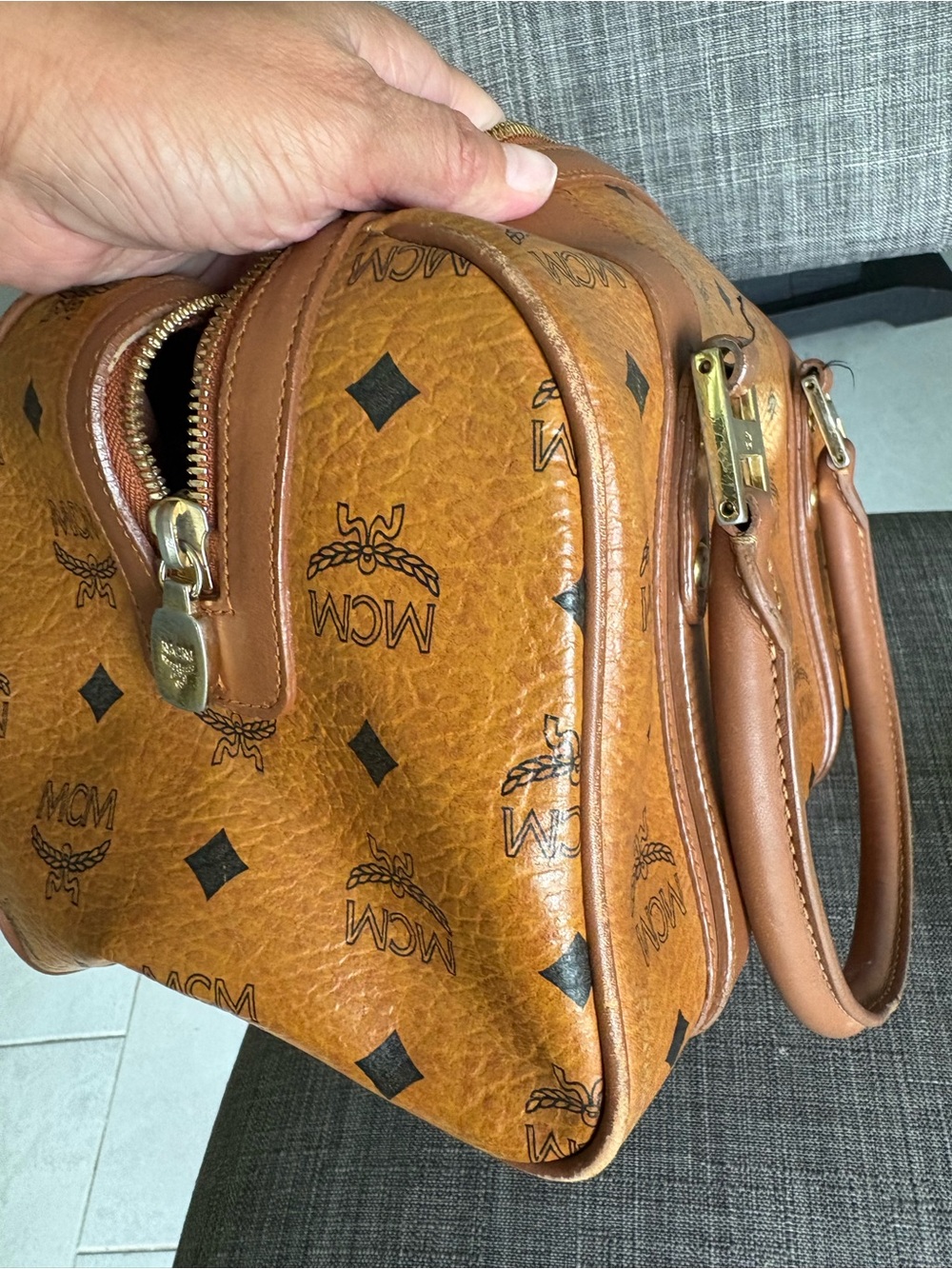 MCM Brown Visetos Logo Satchel with Gold Hardware - Picture 12 of 12